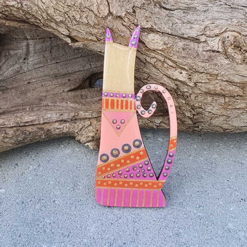 wooden cat brooch
